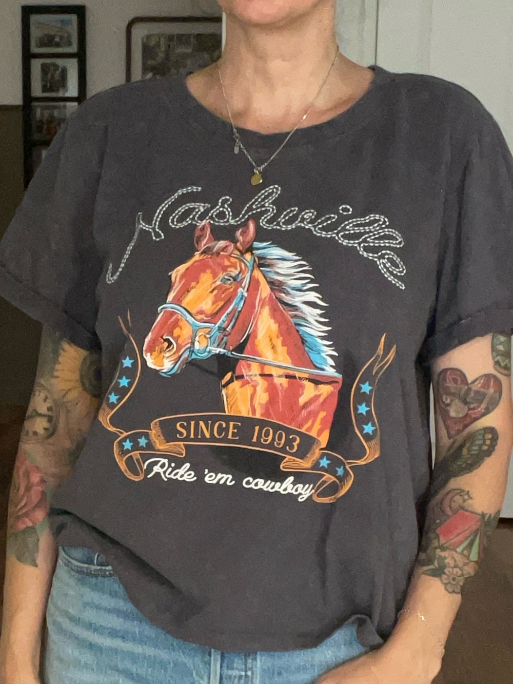 Grey embroidered Nashville tee with rolled sleeves.